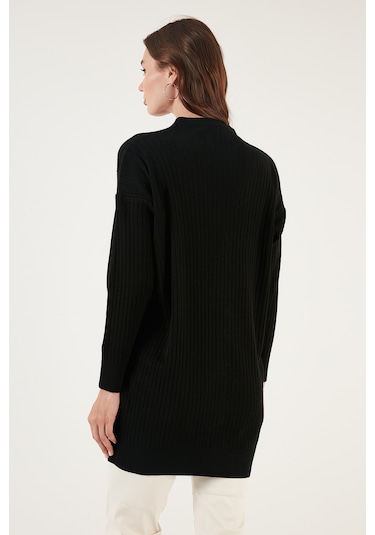 Lela V Yaka Düğmeli Uzun Triko Bayan Hırka 4616040Y Siyah