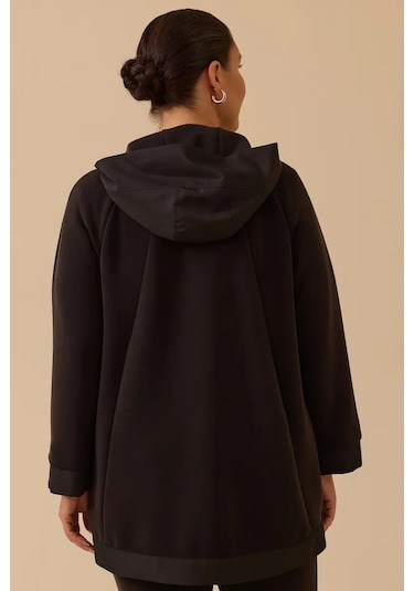 Kadın Büyük Beden Kapüşonlu Fermuarlı Kap - Siyah Siyah