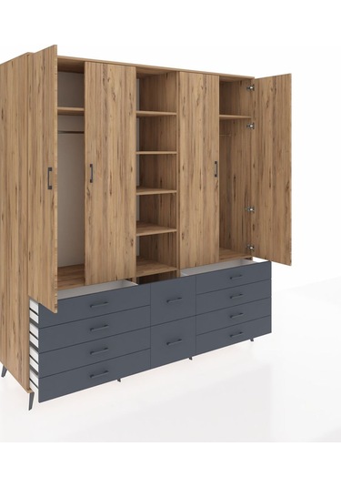 Kronos Dolap 9 Raflı 10 Çekmeceli 2 Askılı 220x59x243 Çam-çam/antrasit Atlas Çam/antrasıt