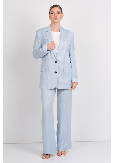 Ayhan Kadın Çizgili Düğmeli Keten Ceket 0860 Mavi Mavi