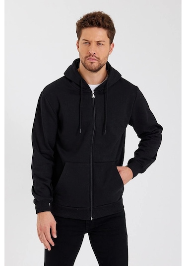 Siyah Kapüşonlu Regular Fit Hırka Düz Paça Erkek Eşofman Takımı 3861 Siyah