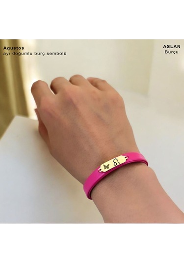 Archin Ağustos Ayı Doğumlarına 14 Ayar Altın Plakalı Pembe Derili Kelebek Figürlü Hediye Bileklik-651ay Ağustos