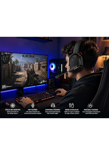 Rgb Oyuncu Kulaklığı Mikrofonlu 40mm Sürücü Kablolu Gaming Headset