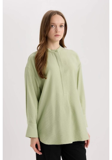 DeFacto Relax Fit Hakim Yaka Basic Düz Uzun Kollu Gömlek Tunik E1757AX25SPGN270