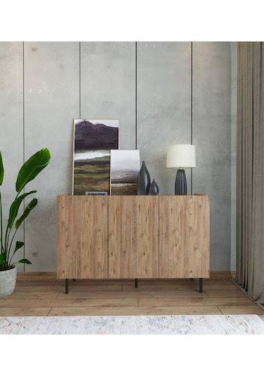 Demir Ayaklı Ahşap Görünümlü Mdf Çok Amaçlı 3 Kapaklı Konsol