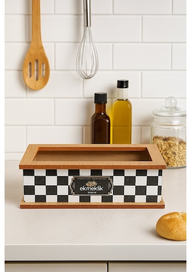 Damalı Yazılı Ahşap Ekmek Sepeti Siyah