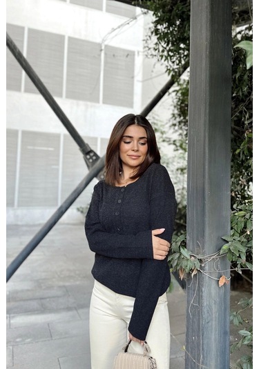 Kadın Antrasit Yumuşak Dokulu, Düğmeli Bisiklet Yaka, Regular Kesim Triko Kazak, Bluz Antrasit