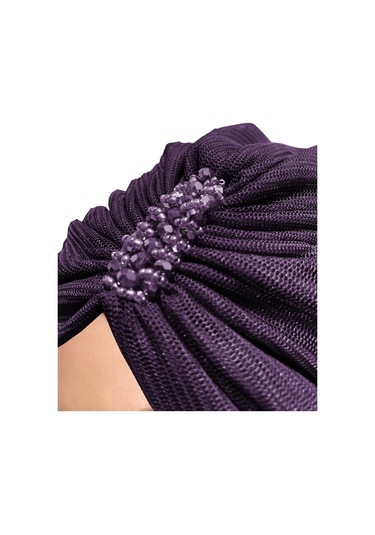 Dizayn Tüllü Kristal Taş İşlemeli Çift Taraflı Astarlı Mor Hazır Türban Tesettür Abiye Bone Mor