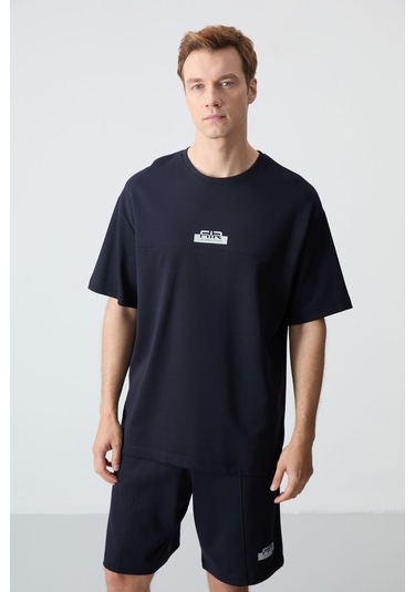 Lacivert Pamuklu Kalın Yumuşak Dokulu Oversize Fit Basic Erkek Şort Takım - 85259
