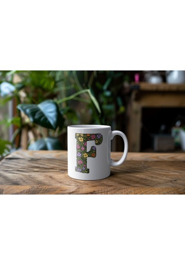 F Baş Harf Çiçek Desenleri İle Natural Tarz Kupa Bardak - Kişiye Özel Çiçekli Kahve Çay Bardak - Beyaz