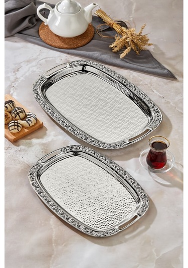 Cooker 2'li Paslanmaz Çelik Sunum Servis Tepsisi 40x70 Cm Gri