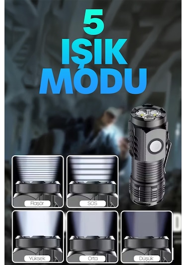 5 Modlu Şarjlı Klipsli Mıknatıslı El Feneri Mini 3 Cob Led Lamba Acil Durum Işığı 8433 Siyah