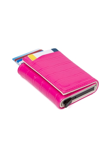 Adelina Timsah Desenli Fuşya Mekanizmalı Otomatik Kızaklı Kartlık Pembe