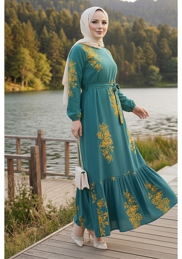Bestenur Noyra Desenli Viskon Elbise 1722 - Yeşil