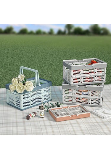 Sones 30,5x20,5x16,5 Cm Plastik Katlanır Saklama Sepeti Alışveriş Sepeti Kamp Saklama Kutusu Saplı Mavi