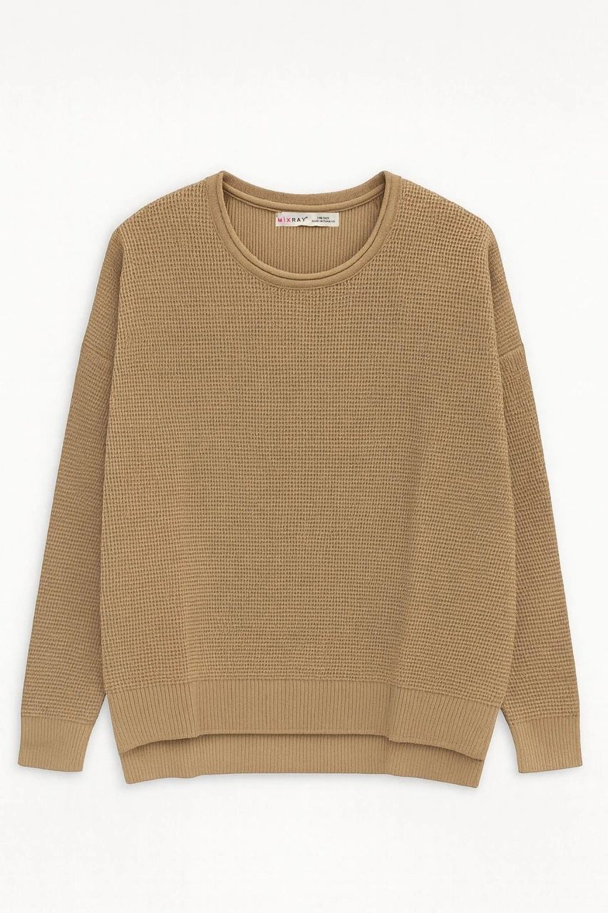 6183 Kadın Nopeli Oversize Triko İnce Kazak Karamel Karamel