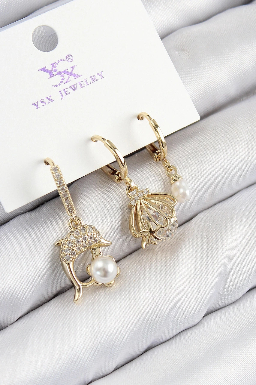 Dodes Dodes Pirinç Zirkon Taşlı 3'lü Yunus Balığı Ve İstiridye Model Gold Renk Kadın Küpe Tg27bkp111 Çok Renkli