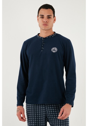 Buratti Ekoseli Yumuşak Dokulu Regular Fit Uzun Kollu Erkek Pijama Takımı 609611030 Lacivert-Gri