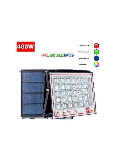 400 Solar 5 Modlu Güneş Enerjili Led Projektör Mavi Yeşil Kırmızı Ve Rgb Renk Aydınlatma 1 Adet