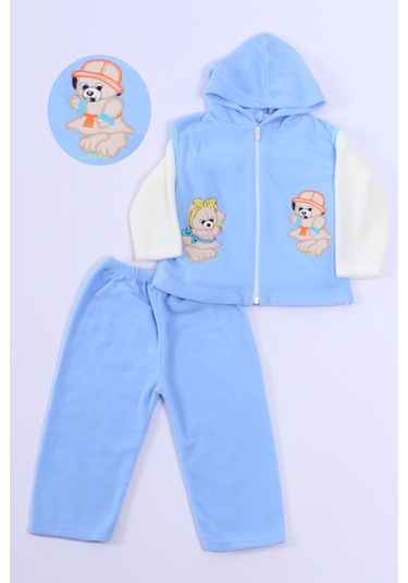 Bebek Polar 3lü Takım Kapşonlu Fermuarlı Nakışlı C23 mavi