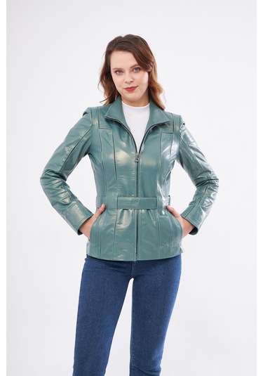 Derinss Dka2364 Hakiki Deri Kadın Yeşil Mont 001