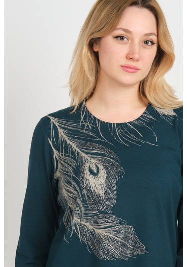 Detay Triko Kadın Taş İşlemeli Ve Desenli Bisiklet Yaka Uzun Kol Anne Bluz 5721 Zümrüt Zümrüt