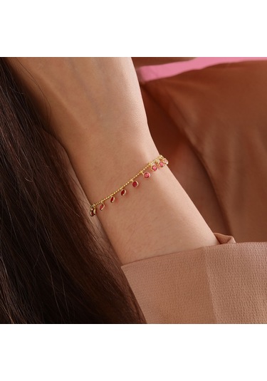 Queen Silver Jewelry 925 Ayar Gümüş Kırmızı Renk Geçişli Top Zincirli Bileklik Altın