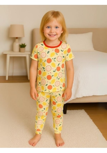 Kız Çocuk Pamuklu Meyve Desenli Kısa Kol Pijama Takımı-16027 Sarı