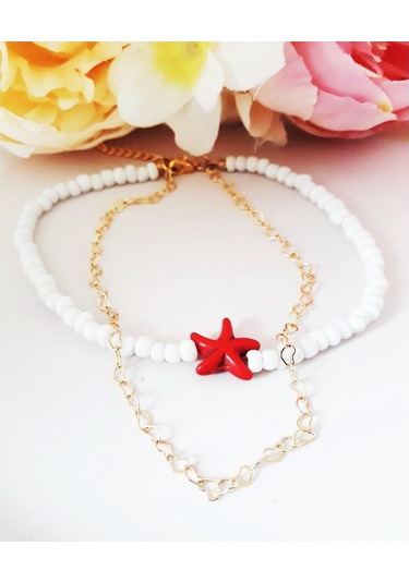 Altın Kaplama Kalpli Zincir Beyaz Kesme Boncuk İkili Kadın Deniz