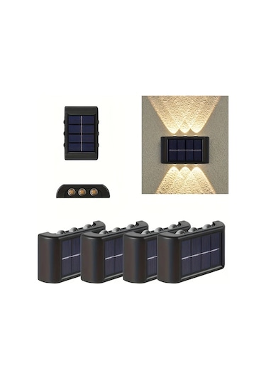 Elmpaly 4 Paket 6lı Led Solar Üstten Ve Alttan Aydınlatmalı Dış Mekan Duvar Lambası Bahçe Aydınlatma Işık Sıcak Beyaz 4pcs Altın