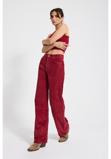 Itsbasic Kadın Bordo Renk Doris 26w5-35 Straight Fit Yüksek Bel Kalın Fitilli Velvet Kadife Kumaş Pantolon