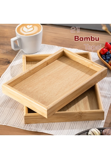 Porsima Pbt-362 Ahşap Tepsi 2li Set Çay Kahve Bambu Sunumu Tepsi Seti Ahşap