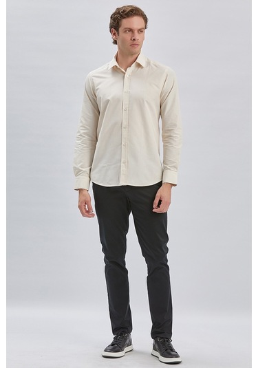 Erkek Uzun Kollu Bez Ayağı Sert Yaka Cepsiz Klasik Slim Fit Dar Kesim Gömlek 1004240230-bej Bej