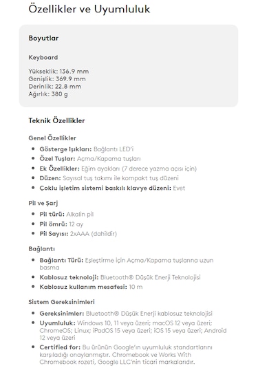 Logitech K250 Kablosuz Bluetooth Klavye