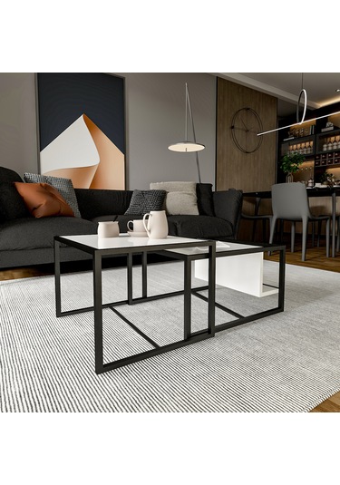 Batı 2 Li Modern Orta Sehpa Takımı Metal Ayaklı, Alt Raflı Beyaz