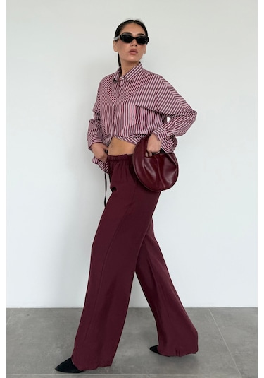 Madmext Bordo Çizgili Kadın Gömlek Mg2410 Bordo