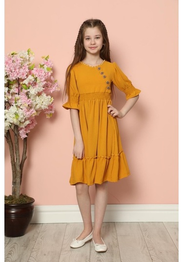 Aymeravm - Yaka Incili Düğme Detaylı Kız Çocuk Elbise - Als14... (545626213) Sarı