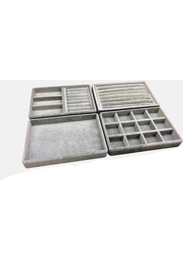 Yerli Üretim Süet Kumaş Gri Renk 4 Lü Takım Çekmeçe İçi Takı Standı Çok Renkli