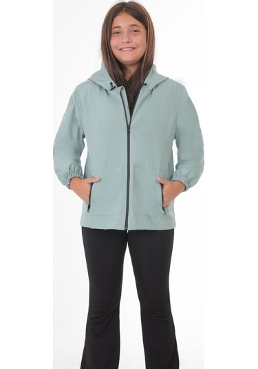 Kız Çocuk Mint Yeşili I Çi Astarlı Su Ve Rüzgar Geçirmez Kapüşonlu Çift Fermuarlı Cepli Yağmurluk Mint Yeşili