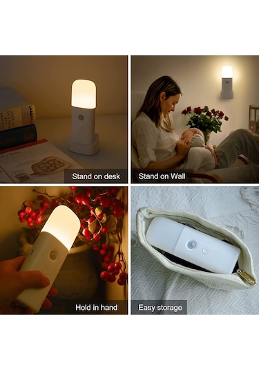 Neevoyu Usb Şarjlı Akıllı İnsan Algılama Led Gece Lambası - 5 Seviye Parlaklık Ayarlı, 6m Algılama Mesafesi, 2000mah Pil, Sarı Işık, Duvar & Masa Üstü Kullanıma Uygun