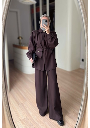 Ka Hijab Balon Kol Mini Çantalı Takım - Kahverengi
