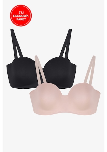 2'li Paket - Kadın Dolgusuz Mikro Straplez Sütyen Siyah - Ten