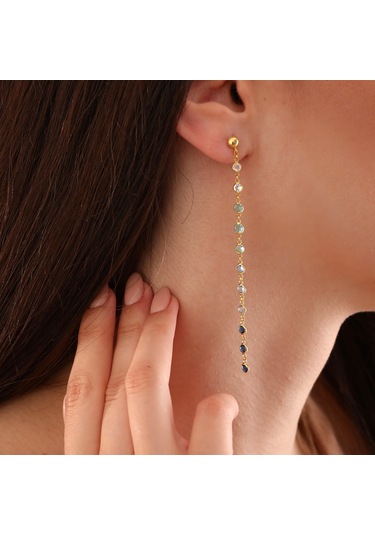 Queen Silver Jewelry 925 Ayar Gümüş Mavi Renk Geçişli Küpe Altın