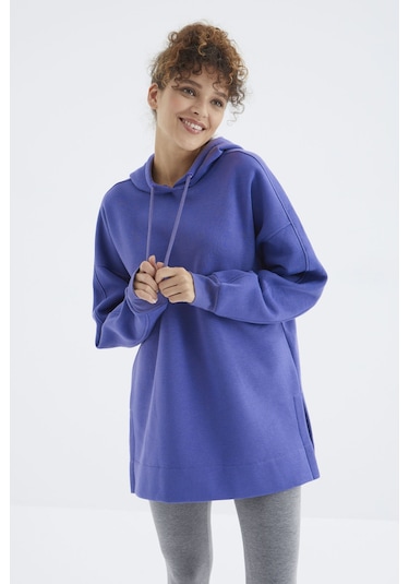 Tommy Life Eflatun Reglan Kol Basic Kapüşonlu Oversize Sweatshirt Tunik - 97242 Eflatun
