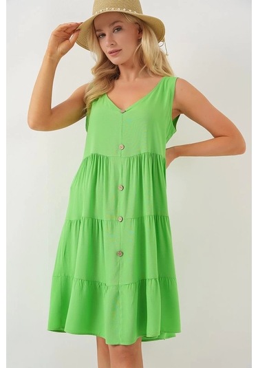 Sıfır Kol Düğmeli Kısa Elbise 2571 - Yeşil Yeşi L