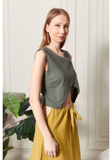 Şık Farklı Tarz Asi Keten Bluz - Modern Ve Cesur Tasarım Haki