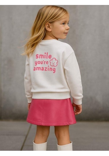 Kız Çocuk Pamuklu Çiçek Desenli Sweatshirt-16337 Ekru
