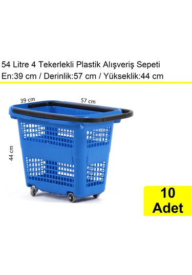 4 Tekerlek Plastik Alışveriş El Sepeti 54 Litre Mavi 10 Adet / En:42 Boy:54 Yükseklik:44 Cm
