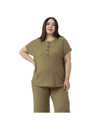 Büyük Beden Düşük Kollu Bluz Pantolon Haki İkili Takım Haki