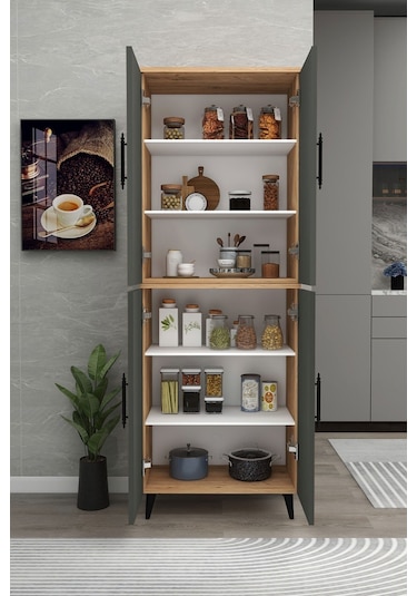 Meta 6 Raflı 4 Kapaklı Çok Amaçlı Xl Dolap Mutfak Banyo Balkon Erzak Killer Dolabı Çam-antrasit